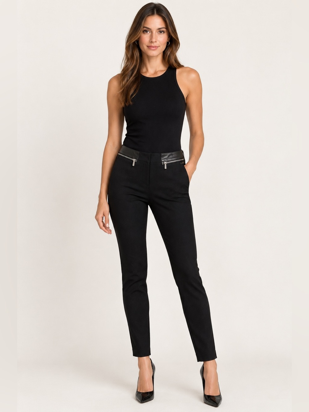 Armani Exchange Black  Leggings with Faux Leather Trim